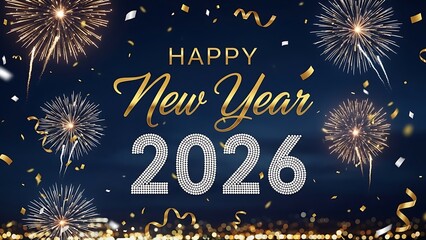 Happy New Year 2026 dark blue background with golden fireworks and confetti celebration