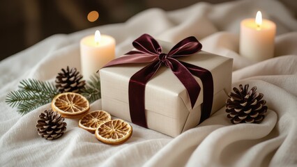 Cozy Christmas Gift with Candles and Pine Cones