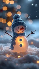 Cute Snowman with Blue Scarf in Magical Winter Bokeh Background