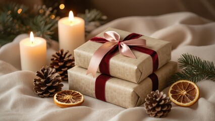 Cozy Christmas Gift Wrapping with Candles
