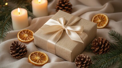 Cozy Christmas Gift with Candles and Oranges