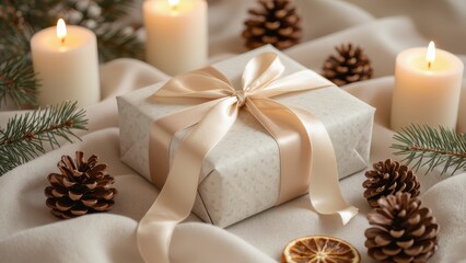 Christmas Gift with Candles and Pine Cones