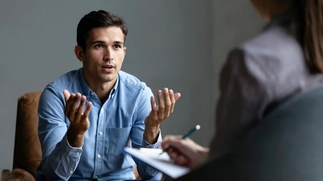 Young man openly expressing his emotions during a supportive psychotherapy session.
