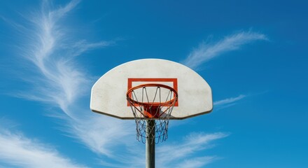 A clear view of a basketball backboard and orange rim set high against a vast expanse of bright blue summer sky with wispy clouds, goal, transparent, board