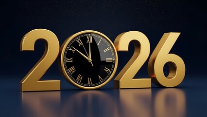 Golden 2026 numerals with black Roman numeral clock face on dark background numbers
