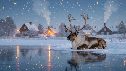 Winter Reindeer in Snowy Village