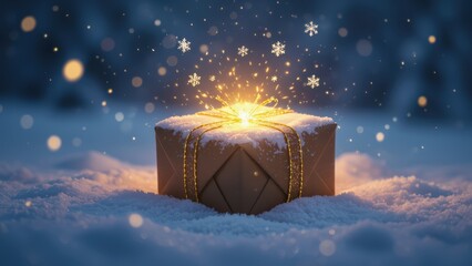 Sparkling Gift Box in Snowy Winter Night