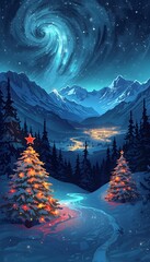 Magical Winter Night Landscape with Glowing Trees and Aurora Sky