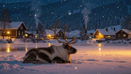 Snowy Reindeer in Cozy Village at Sunset