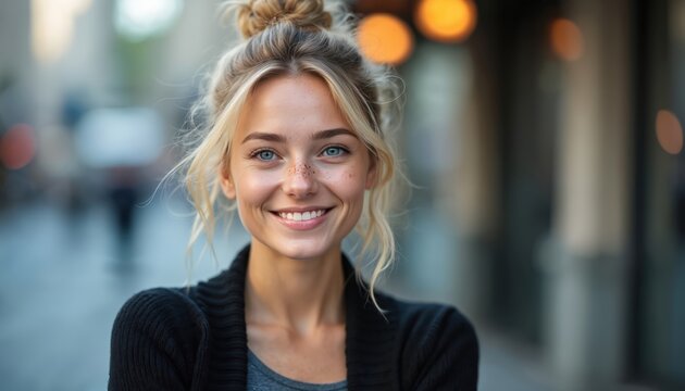 Young woman with freckles and blue eyes smiles gently. She has blonde hair in a bun. Blurred urban street forms background. Represents approachability and warmth.