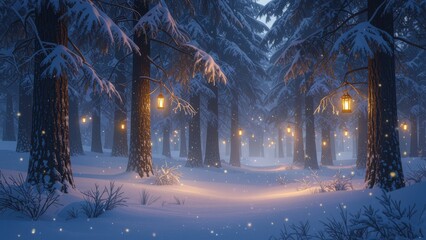 Snowy Forest Path with Lanterns