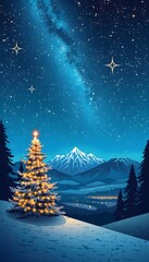 Magical Christmas Tree Under Starry Winter Night Sky With Milky Way
