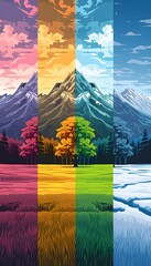 Four Seasons Vertical Landscape Tree and Mountain Digital Illustration