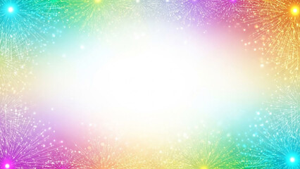 Vibrant Rainbow Fireworks Display Border with Sparkling Light Effects on a White Background