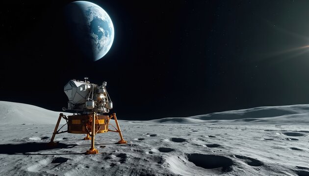Lunar lander rests on barren moonscape with Earth visible above. Spacecraft sits on grey dusty surface under dark starry sky. Cratered ground stretches towards horizon on desolate alien world.