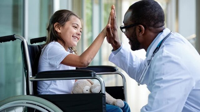 Black doctor encouraging a young girl in a wheelchair with a supportive high-five during a positive medical visit.