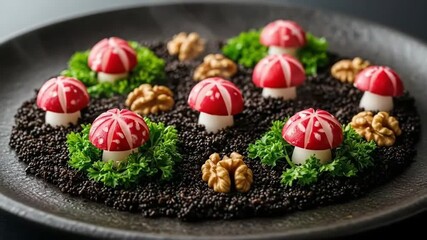 Plated appetizer with edible mushroom and walnut garnish. Detailed food presentation with parsley and dark edible soil. Culinary art for fine dining.