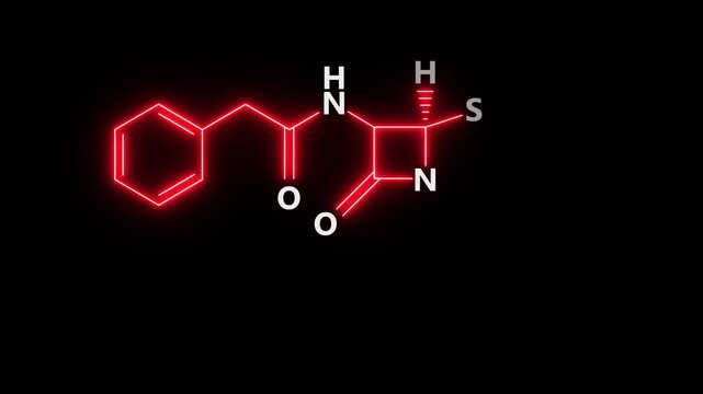 neon Penicillin Molecular Structure On black Background. glowing chemical formula of Penicillin. Penicillin Molecular Structure Symbol icon Animation. Penicillin Molecule Structure icon.
