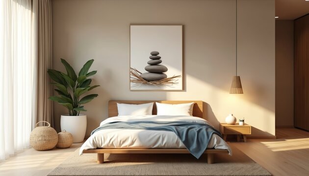 Minimalist bedroom with zen decor. Low wooden bed has white sheets and blue throw. Abstract art hangs above. Potted plant adds life. Woven baskets store items.