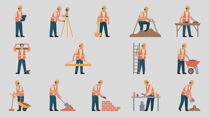 Construction workers performing diverse building tasks with tools and equipment surveying measuring