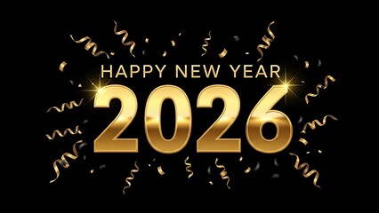 Happy New Year 2026 gold text with black background and confetti streamers celebration holiday