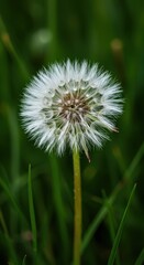 Fototapeta premium Delicate white dandelion seed head captured in a grassy field. Ready to scatter wishes and float away on a gentle breeze ,ecology ,meadow ,flower
