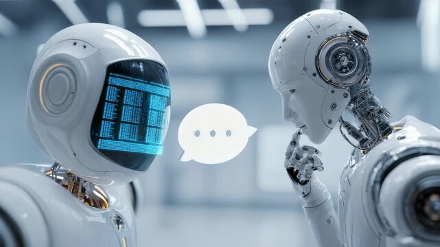 A pair of sophisticated robots communicate using digital speech bubbles, symbolizing AI dialogue and machine learning. The scene highlights technology trends and intelligent automation