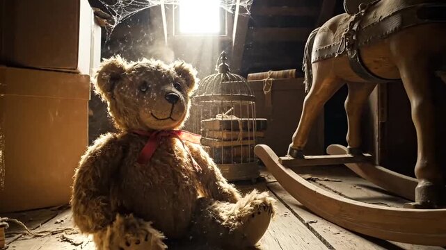Old Teddy Bear and Rocking Horse in Dusty Attic.