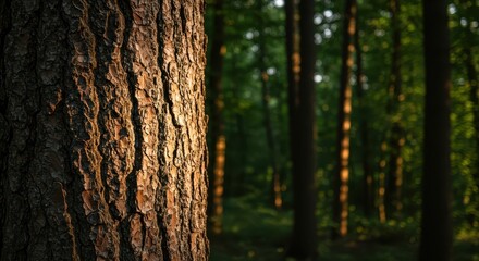 Fototapeta premium Rough bark texture of a massive tree trunk illuminated by warm summer sunlight filtering through the canopy in a dense, quiet woodland setting ,shade ,warm ,backdrop