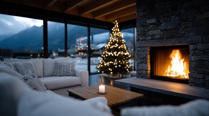 Cozy living room with a Christmas tree, warm fireplace, and mountain view, perfect for holiday ambiance.
