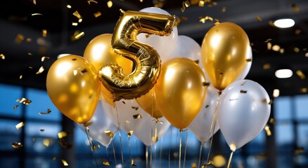 Golden "5" balloon surrounded by white and gold balloons, with confetti, ideal for fifth birthday and anniversary celebrations.