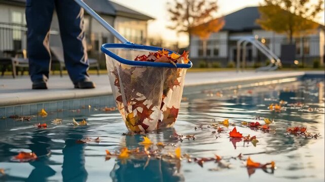 Woman cleans a swimming pool full of colorful autumn leaves with a skimmer net during bright sunset.
