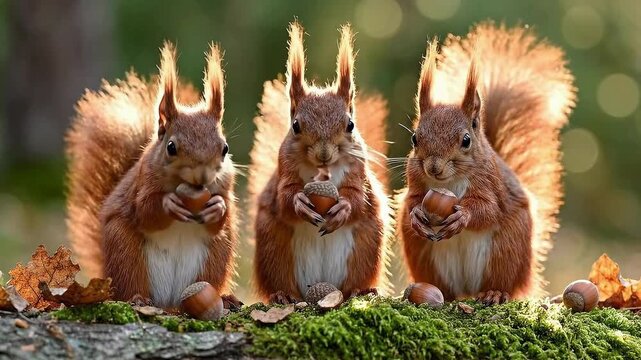 Three adorable red squirrels holding nuts on mossy log in autumn forest sunlight with bokeh