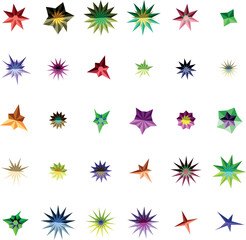 A vibrant collection of colorful faceted geometric star shapes arranged neatly on a clean white background