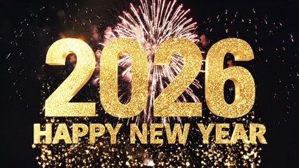 Golden 2026 Happy New Year graphic with dazzling fireworks and glitter, celebrating a fresh start and festive annual countdown