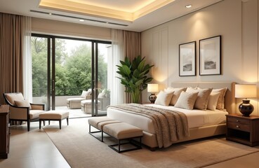 Fototapeta premium Large bedroom with patio access and natural green plants view. Neutral tones and plush furnishings create a cozy, modern, elegant sanctuary. Soft lighting adds warmth and comfort.
