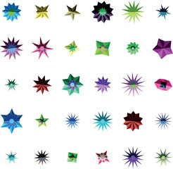 An assortment of bright multifaceted geometric star shapes in various sizes on a crisp white backdrop