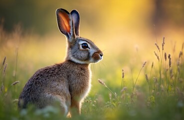 European brown hare sits in grass during sunset. Small mammal with long ears observes surroundings. Wild animal has brown fur camouflage. Nature background with soft bokeh.