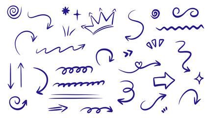 Collection of blue doodle elements including arrows, spirals, crowns, and decorative lines, vector drawing on white background. Transparent.