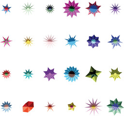 Many colorful faceted star shaped geometric objects are arranged neatly on a clean white surface