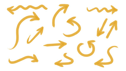 Fototapeta premium Hand-Drawn Golden Yellow Arrows on White Background: Directional Cues, Arrows Signs, Sketchy, Grunge, Pointing, Transparent PNG