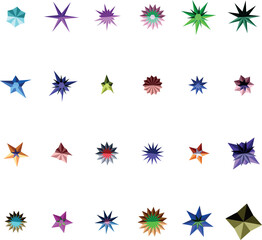Many distinctive geometric star figures in varied colors presented on a pure white canvas