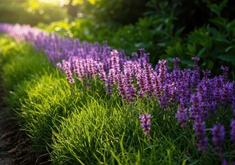 Fototapeta premium A vibrant, continuous row of small purple blooms nestled among lush green foliage under bright sunlight in a natural garden setting ,flora, vibrant, parallel