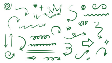 Green Doodle Arrow Set: Hand-Drawn Design Elements, Arrows, Crowns, Swirls, and Shapes Vector Illustration. Transparent.