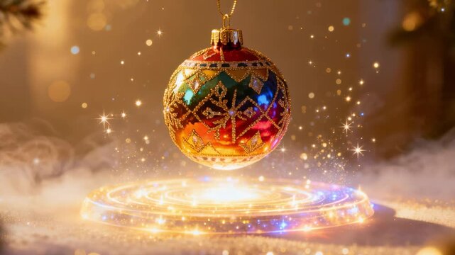 Festive holiday video featuring a colorful Christmas ornament floating above a glowing magical platform with sparkling lights. Elegant seasonal background ideal for celebration.