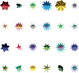 Rows of unique multicolored faceted star and crystal inspired shapes on a clear white surface