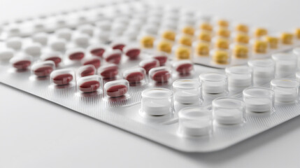 Rows of red, white, and yellow pills arranged on a medication blister pack in a close view of different shapes and colors