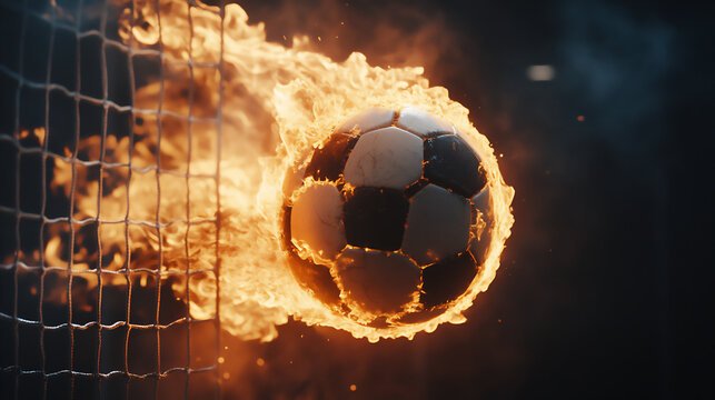 Soccer ball on fire hitting the goal net during a match at night in a stadium - Powered by Adobe