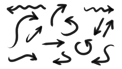 Hand-drawn black arrows on white background, set of sketch arrows, direction pointers, transparent vector elements