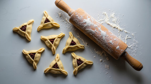 Homemade hamantaschen pastry dough with rolling pin on table  